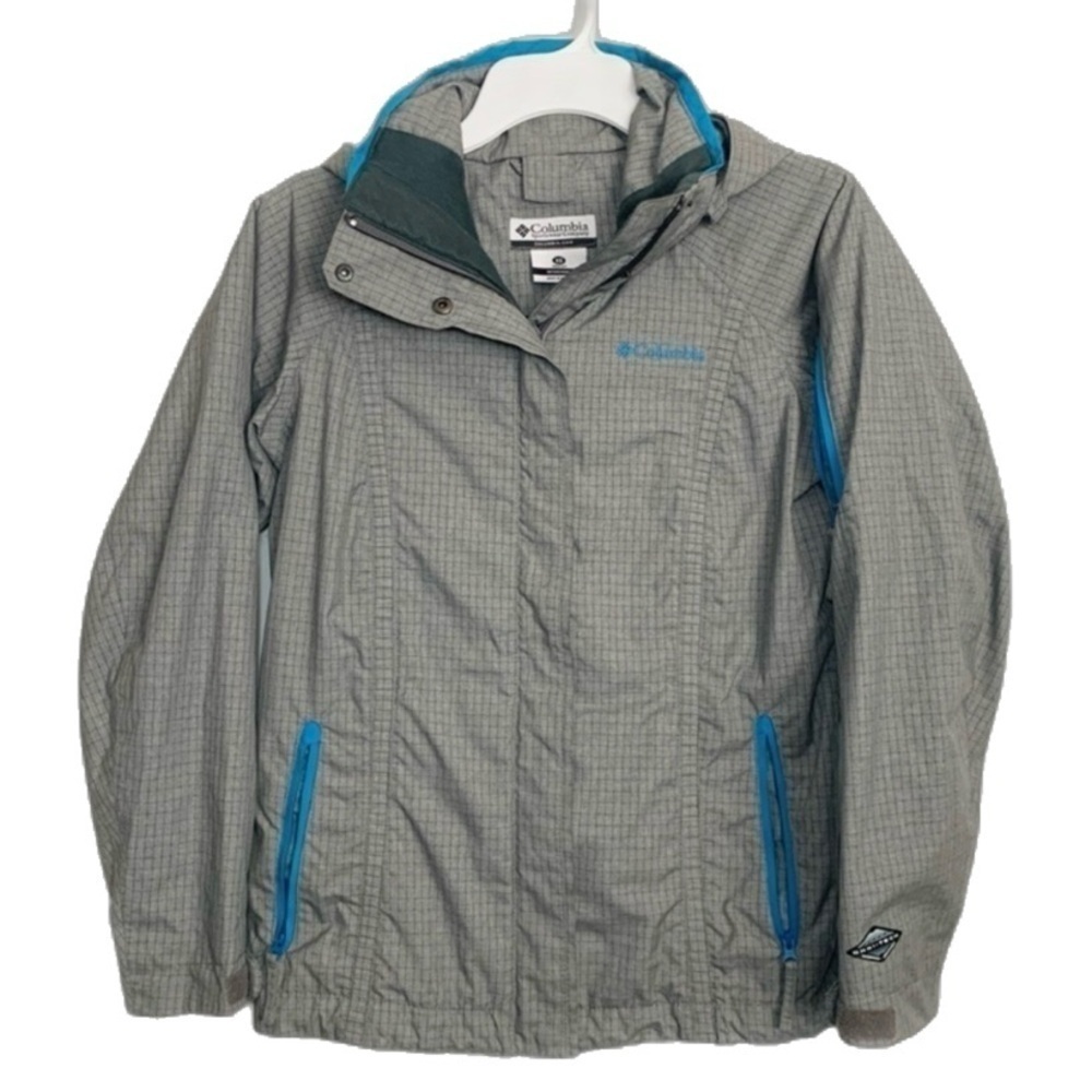 Columbia Bugaboo Omni-Tech Grey/Blue Graph Square Print Waterproof  Jacket, XS